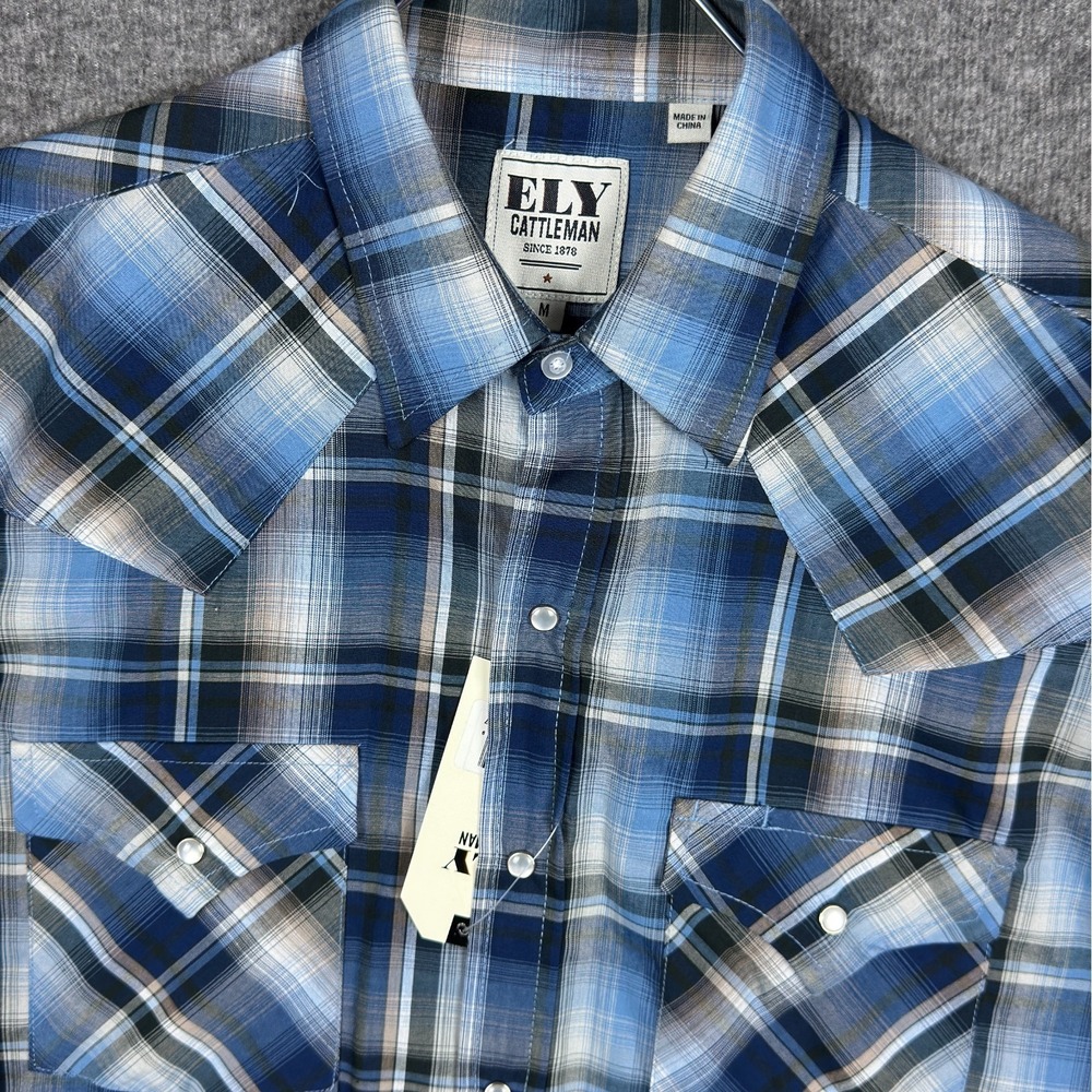 NEW Ely Cattleman Shirt Mens Medium Blue Plaid Western Snap Long Sleeve Cowboy
